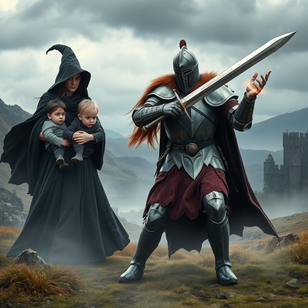 A dramatic scene set in a misty Scottish landscape, featuring two Scottish witches