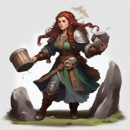 A formidable, weaponless female dwarf druid, nestled in resilient heavy armor, exerts her power to make wooden splinters and rocks defy gravity, circling around her in a mystical, harmonious whirl.