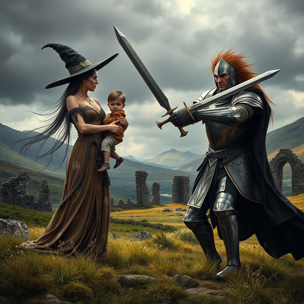 A captivating scene set in a picturesque Scottish landscape, featuring two witches and a Scottish knight