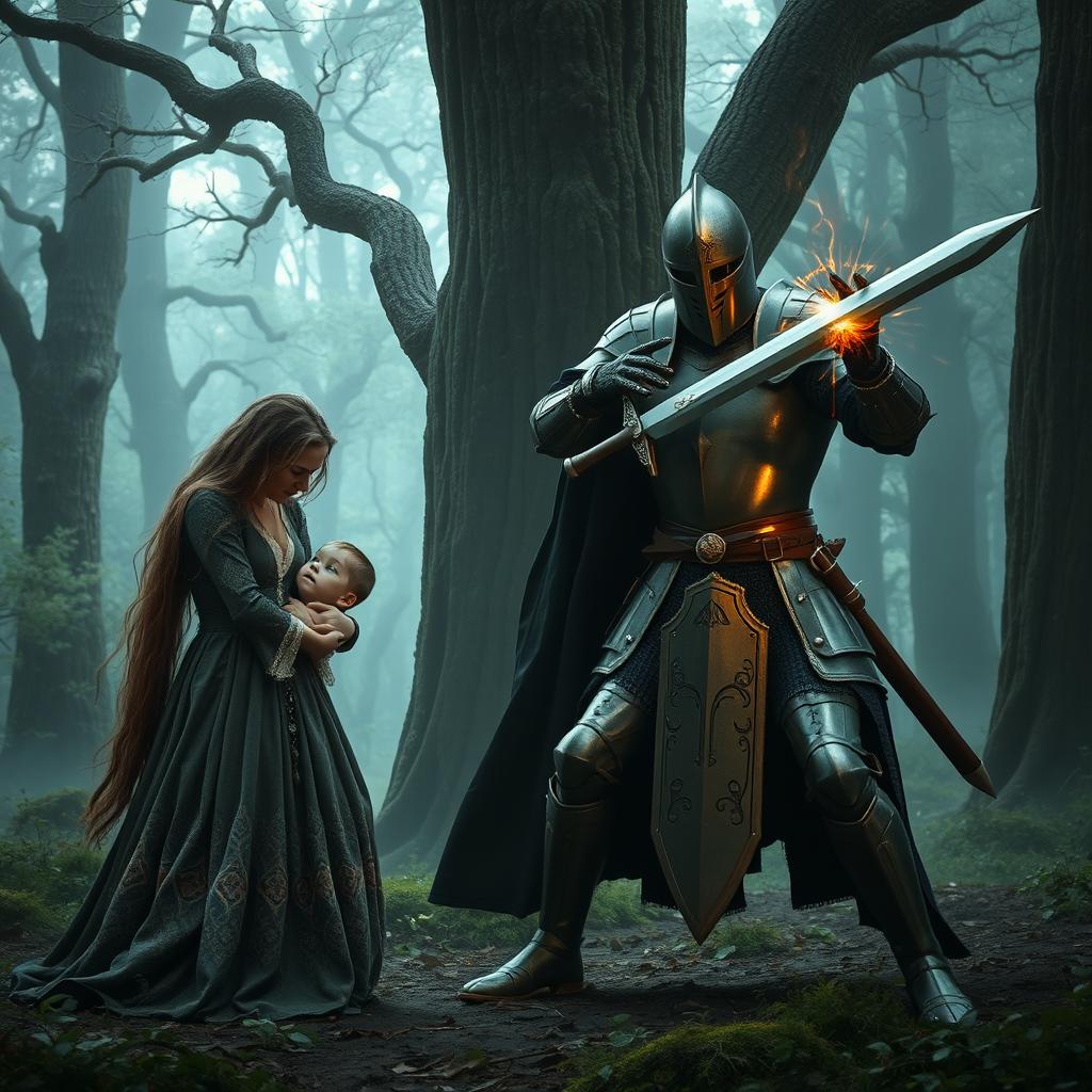 An enchanting scene set in a mystical forest, showcasing two witches in a captivating tableau