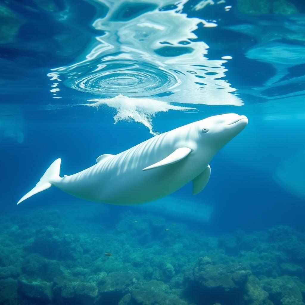 A majestic Beluga whale swimming gracefully in the crystal-clear Arctic waters, surrounded by beautifully illuminated icebergs