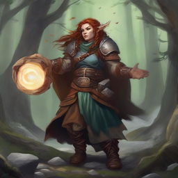 A formidable, weaponless female dwarf druid, nestled in resilient heavy armor, exerts her power to make wooden splinters and rocks defy gravity, circling around her in a mystical, harmonious whirl.