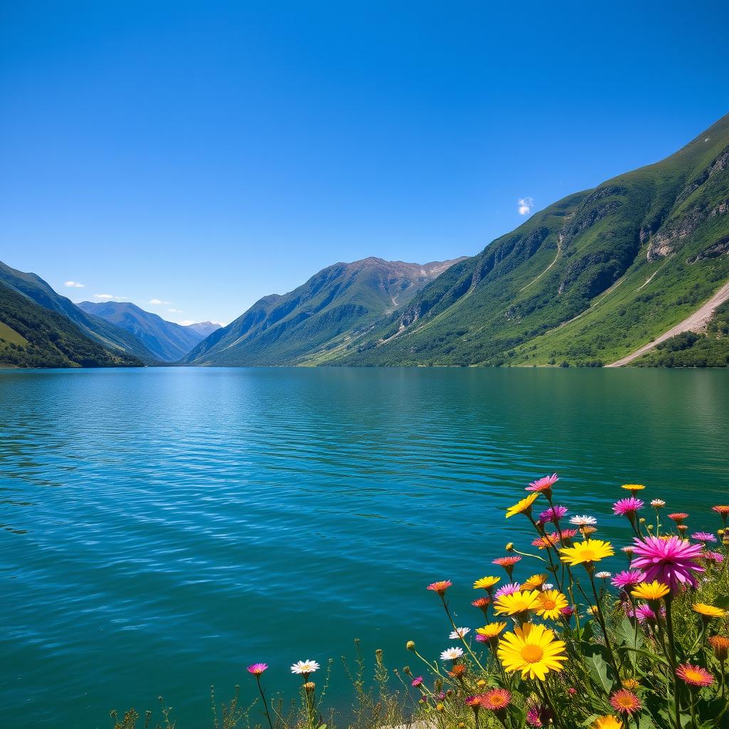 A stunning landscape featuring a serene lake surrounded by lush green mountains under a bright blue sky
