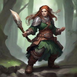 A formidable, weaponless female dwarf druid, nestled in resilient heavy armor, exerts her power to make wooden splinters and rocks defy gravity, circling around her in a mystical, harmonious whirl.