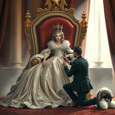 A scene depicting a regal atmosphere, where a man named Dave is kneeling in front of a majestic Queen Moi, who is elegantly seated on a grand throne