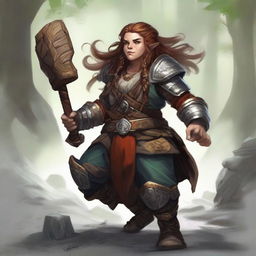 A formidable, weaponless female dwarf druid, nestled in resilient heavy armor, exerts her power to make wooden splinters and rocks defy gravity, circling around her in a mystical, harmonious whirl.