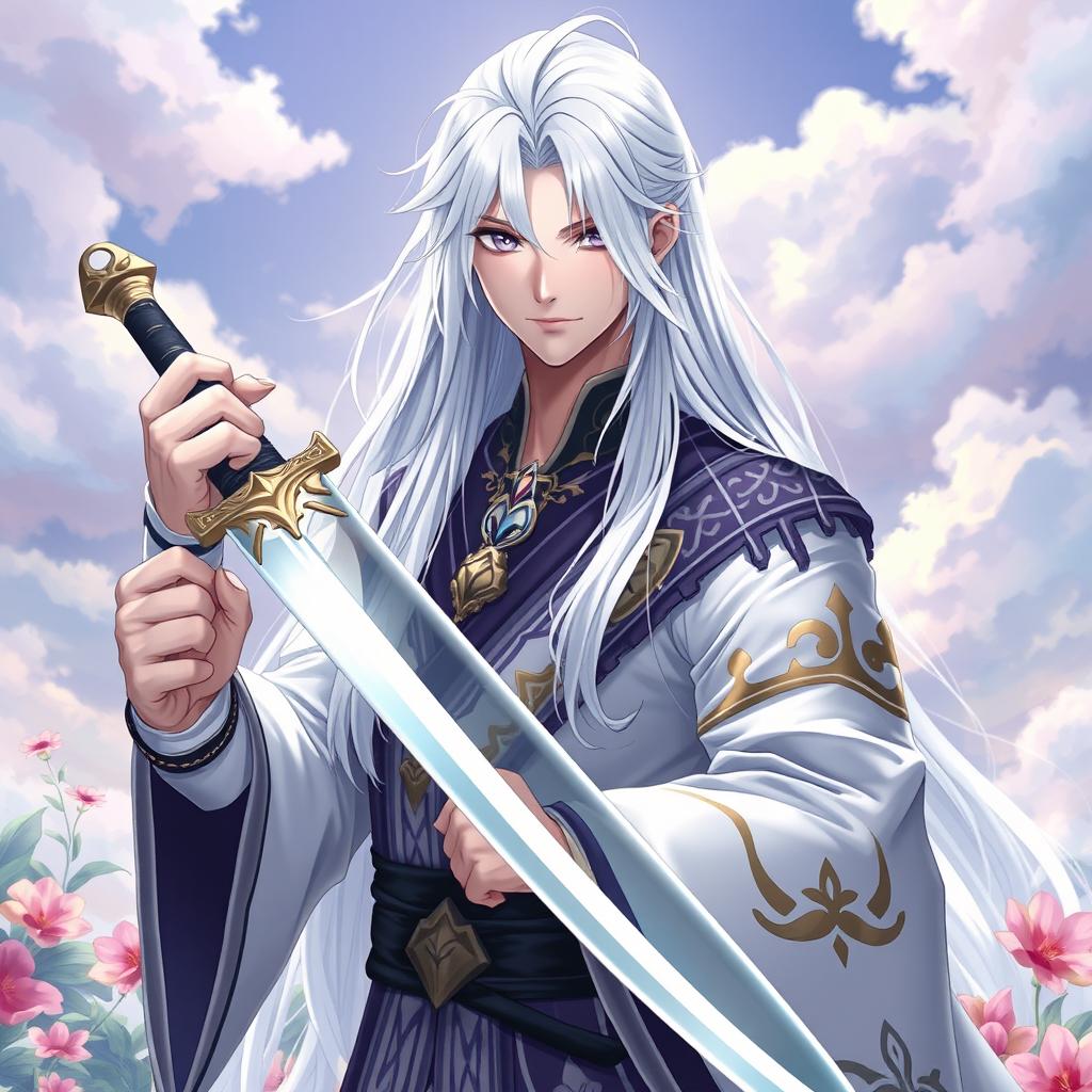 A handsome dandere prince characterized by his long white hair cascading down gracefully and deep purple eyes that hold an enchanting allure