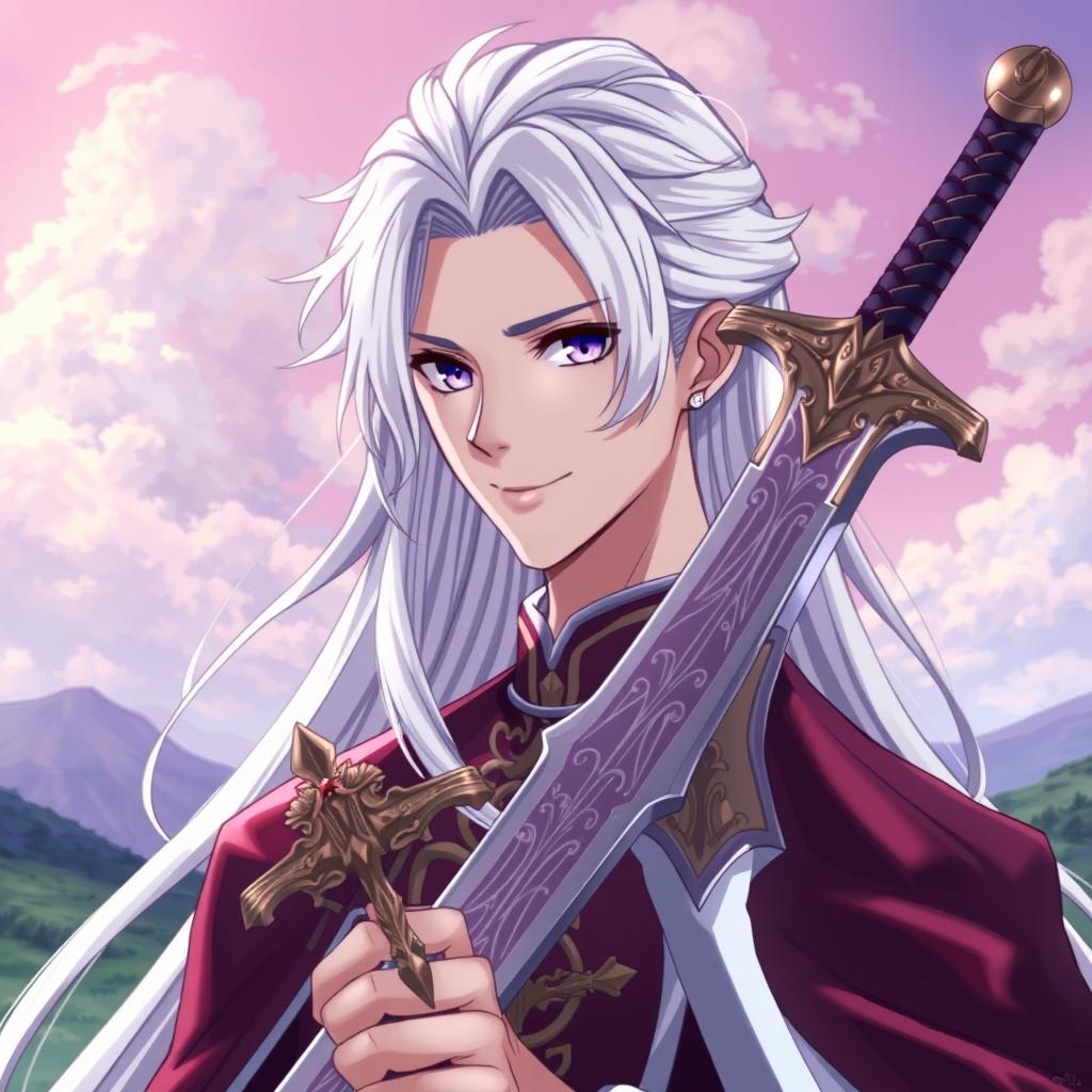 An anime-style illustration of a handsome dandere prince with long flowing white hair and captivating purple eyes