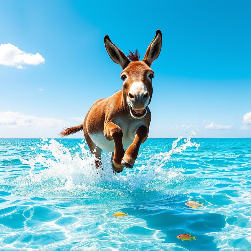 A vibrant scene depicting a cheerful donkey jumping into a sparkling blue sea, splashing water in all directions