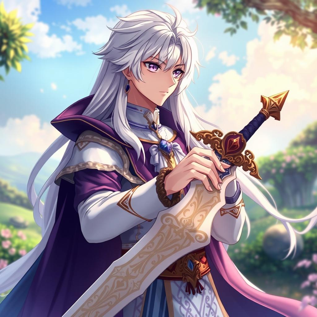 A handsome dandere prince with long flowing white hair and striking purple eyes, gazing thoughtfully while holding a beautifully ornate sword