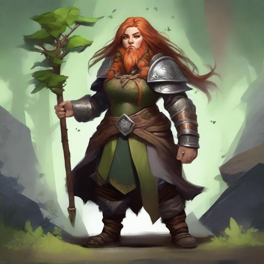 A powerful, unarmed female dwarf druid, adorned in robust heavy armor, harnesses the essence of nature, causing wooden splinters and rocky fragments to float and rotate around her in harmonious orbit.