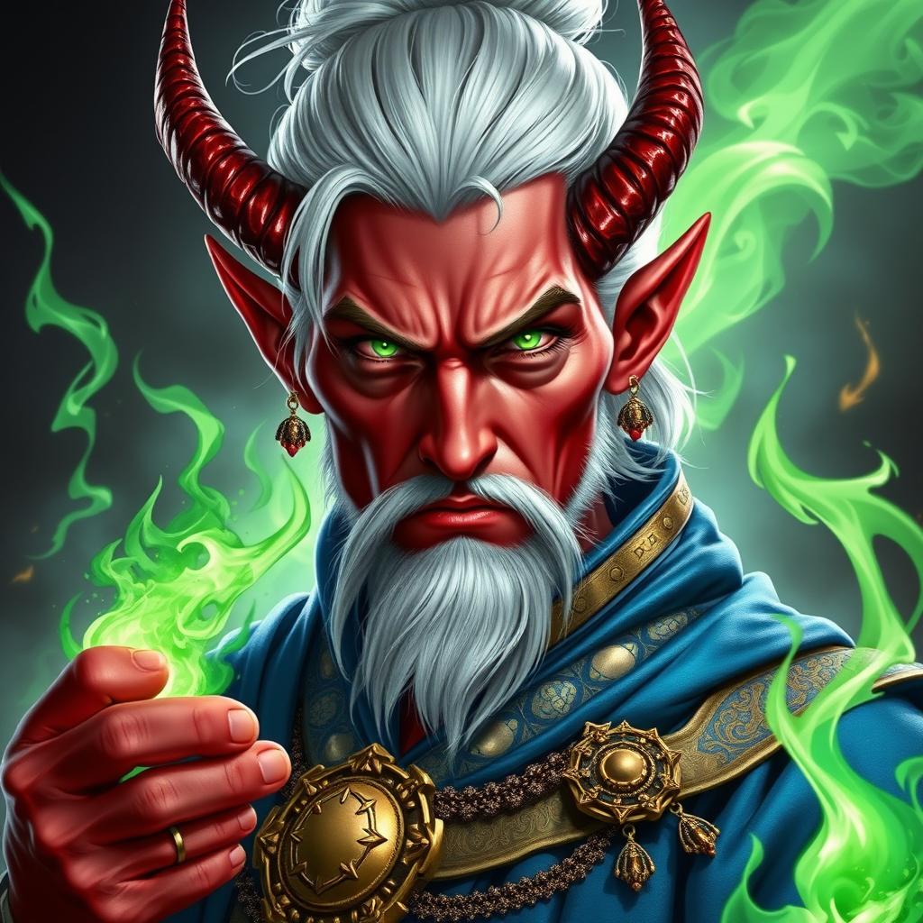 A striking portrait of a Tiefling sorcerer with crimson red skin
