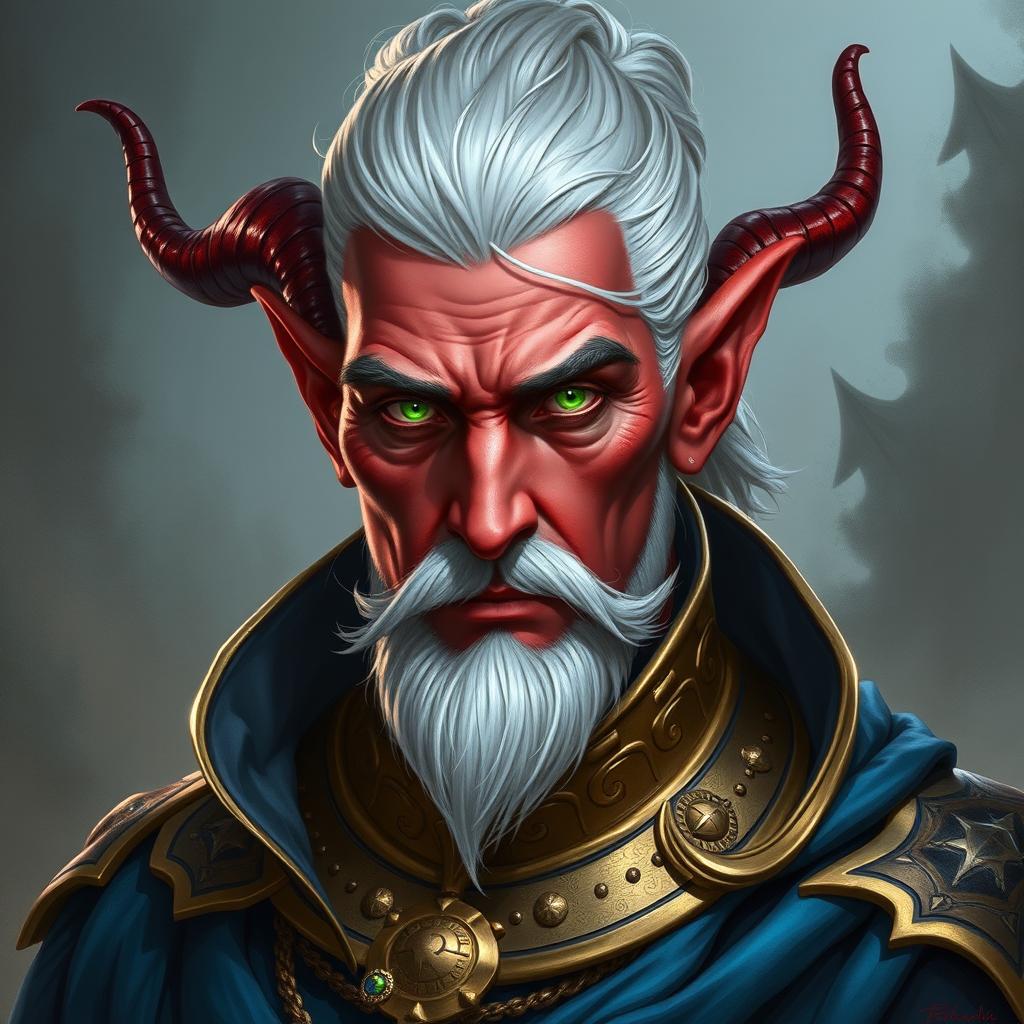 A character portrait of a Tiefling sorcerer, showcasing his striking features and sorcerous powers