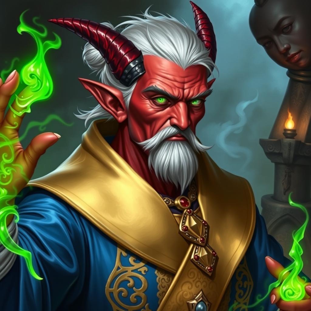 A character portrait of a Tiefling sorcerer casting green fire magic in a Dungeons and Dragons fantasy setting