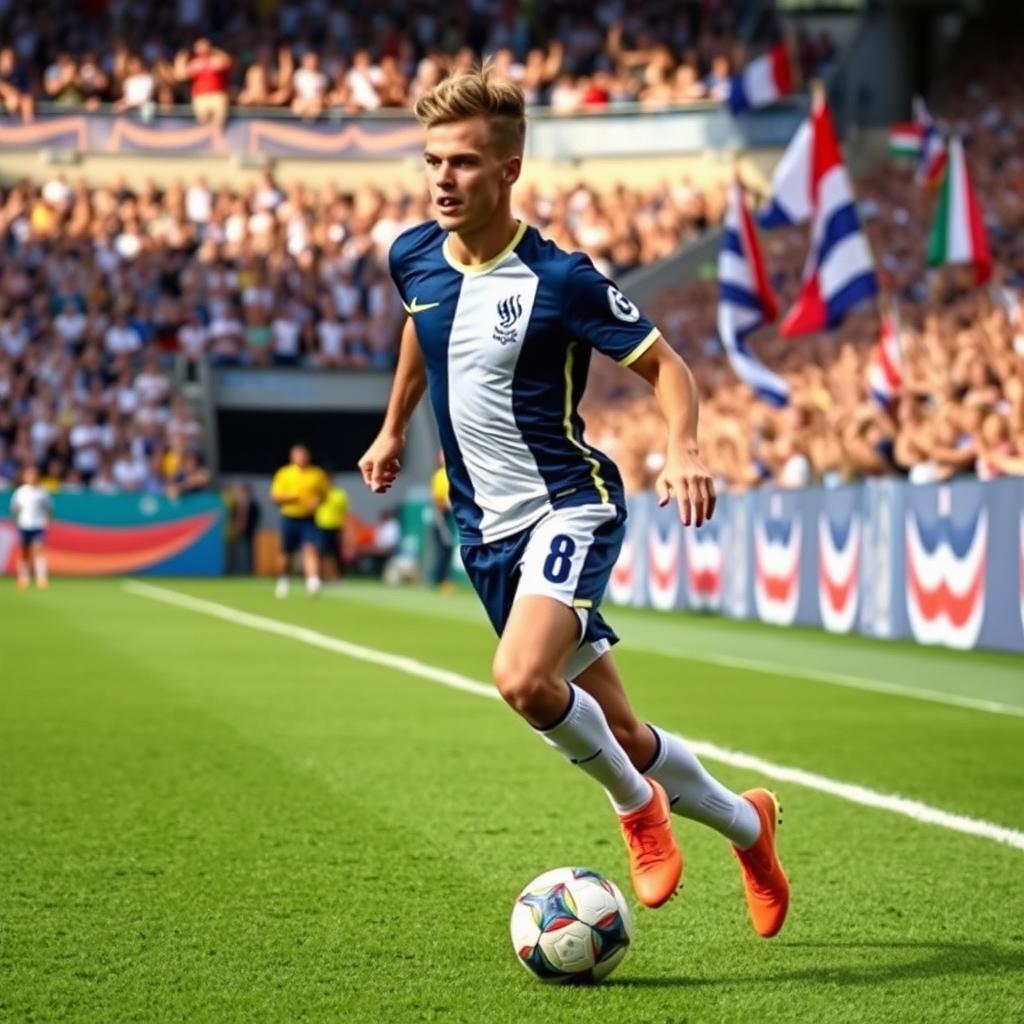 A French football forward showcasing remarkable agility and athleticism, wearing a sleek national team jersey with a blue and white color scheme, dribbling a soccer ball on a lush green field