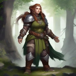 A powerful, unarmed female dwarf druid, adorned in robust heavy armor, harnesses the essence of nature, causing wooden splinters and rocky fragments to float and rotate around her in harmonious orbit.