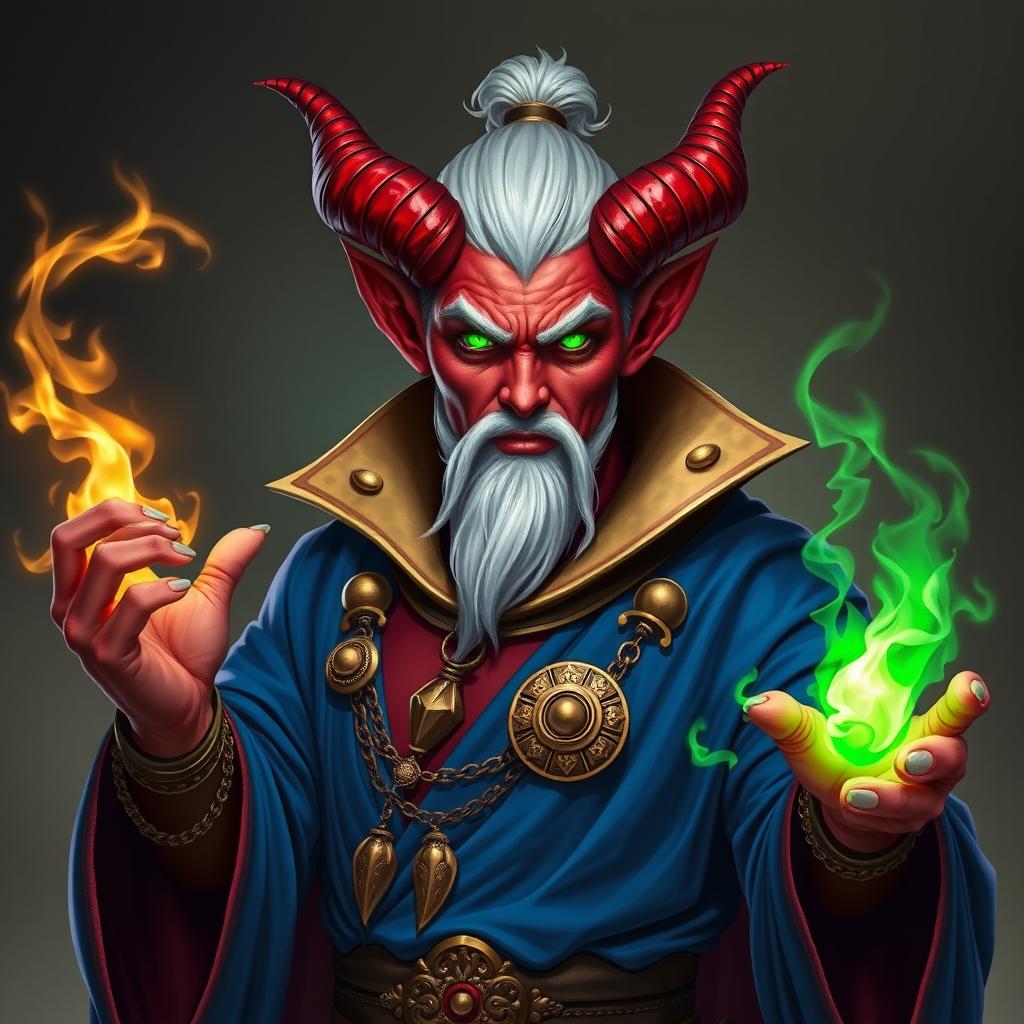 A striking character portrait of a Tiefling sorcerer standing confidently in a dynamic pose, showcasing his abilities