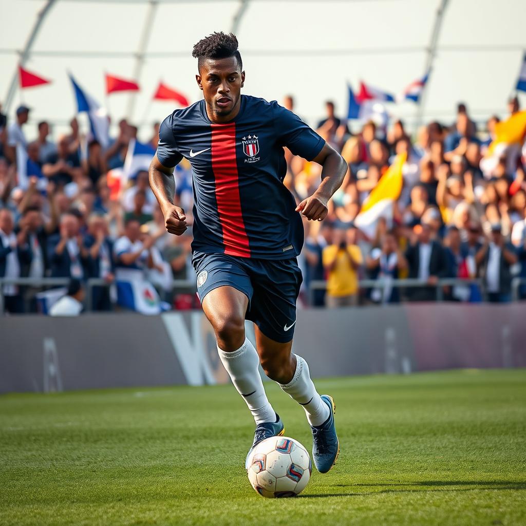 A Black French football forward demonstrating incredible speed and skill, wearing a national team jersey adorned with blue and white colors, skillfully dribbling a soccer ball on a vibrant green field