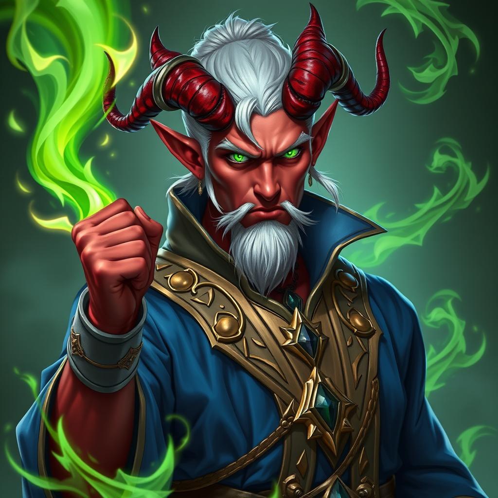 A character portrait of a Tiefling sorcerer wielding green fire magic, standing confidently in a dynamic pose
