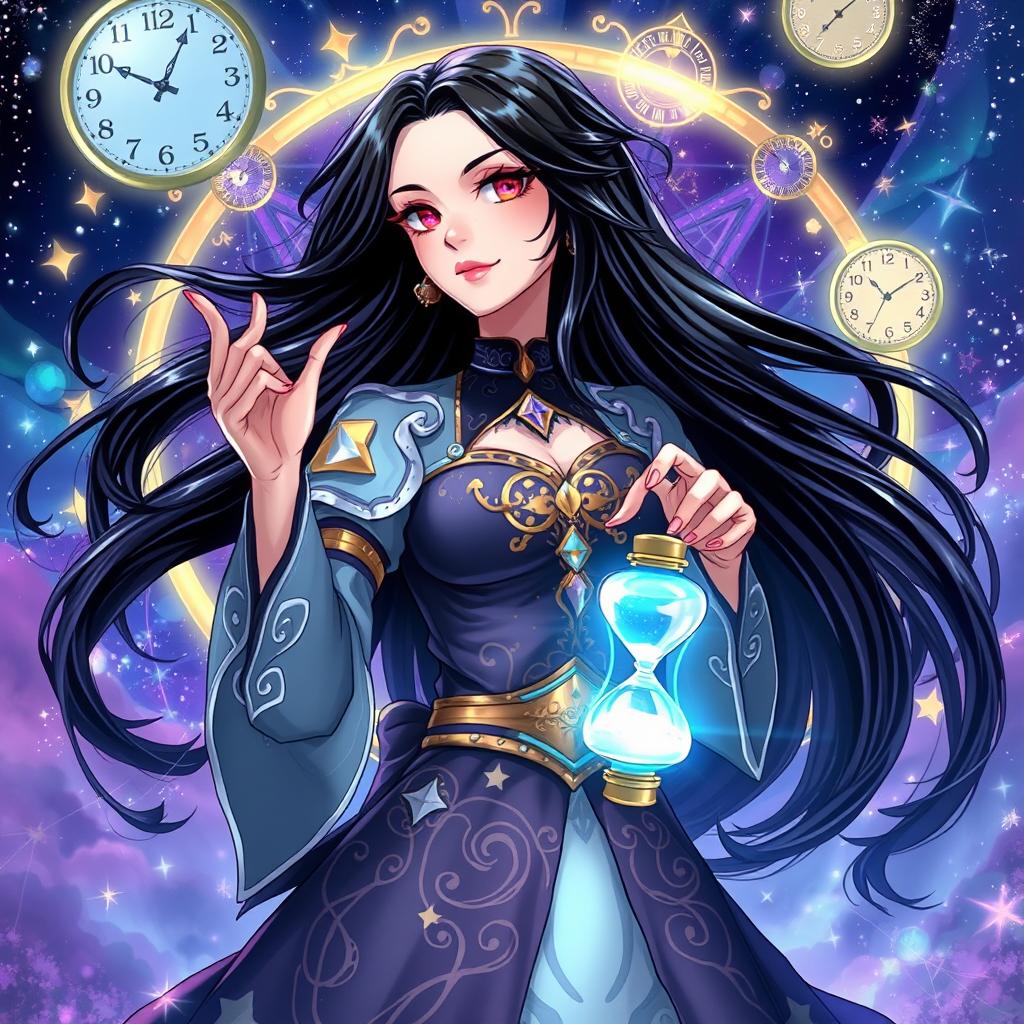 Anime-style illustration of a woman with long, flowing black hair, wearing a mystical outfit that shimmers with stars and intricate clock motifs