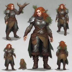 A powerful, unarmed female dwarf druid, adorned in robust heavy armor, harnesses the essence of nature, causing wooden splinters and rocky fragments to float and rotate around her in harmonious orbit.