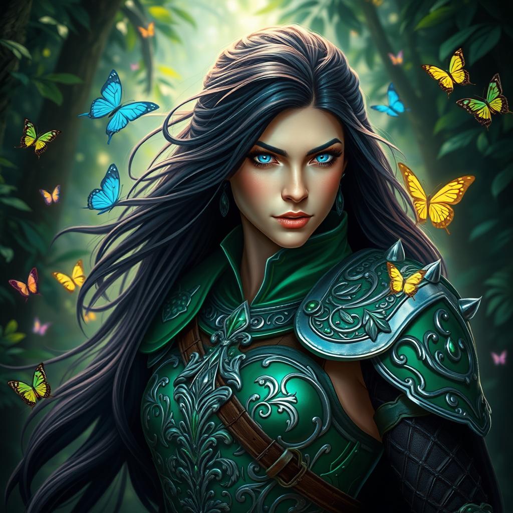A stunning portrait of a fierce female warrior in a lush, enchanted forest, wearing intricate emerald green armor adorned with silver filigree