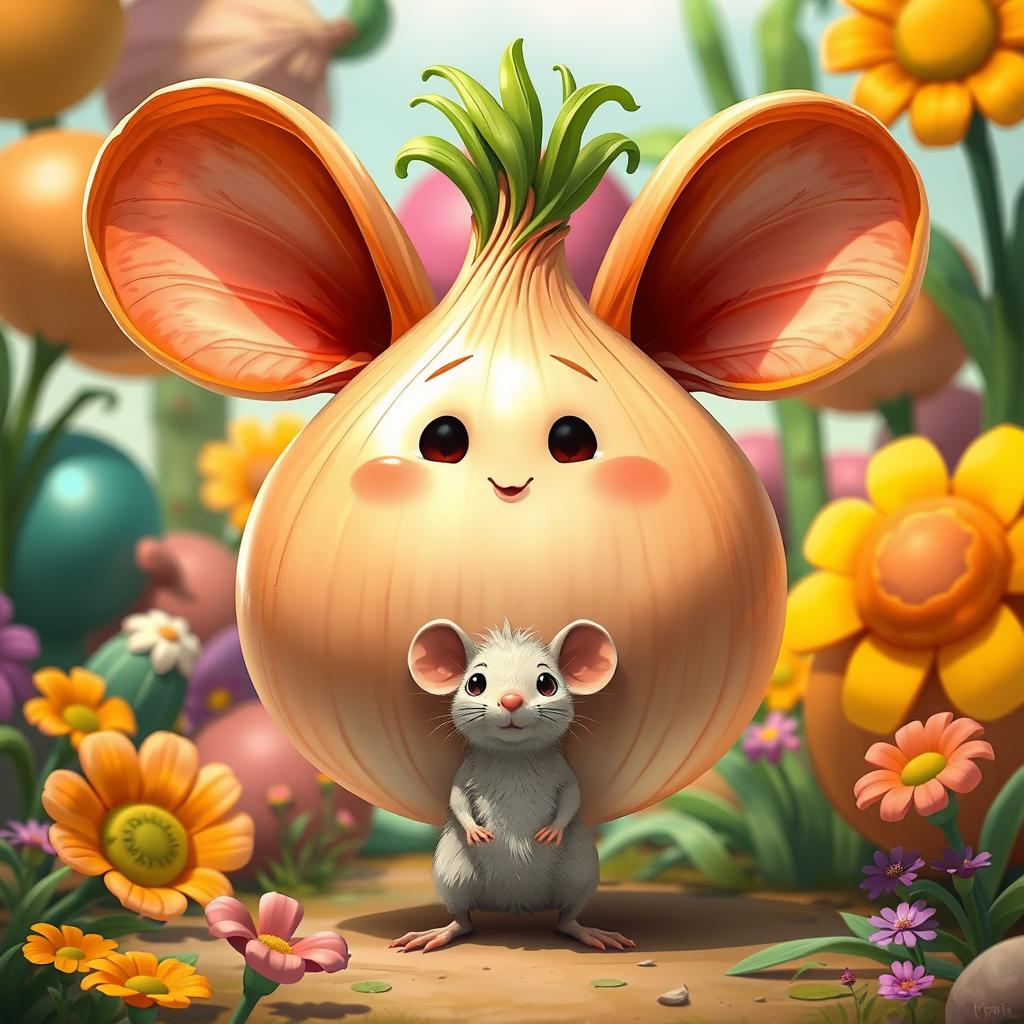 A whimsical and surreal character design featuring an onion with large ears and the body of a mouse