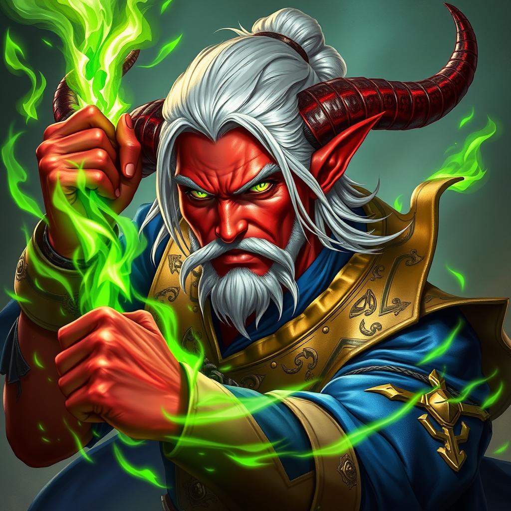 A striking character portrait of a Tiefling sorcerer wielding green fire magic in a dynamic combat pose