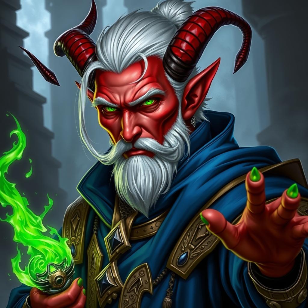 A character portrait of a Tiefling sorcerer, showcasing a striking appearance with crimson red skin and glowing green eyes