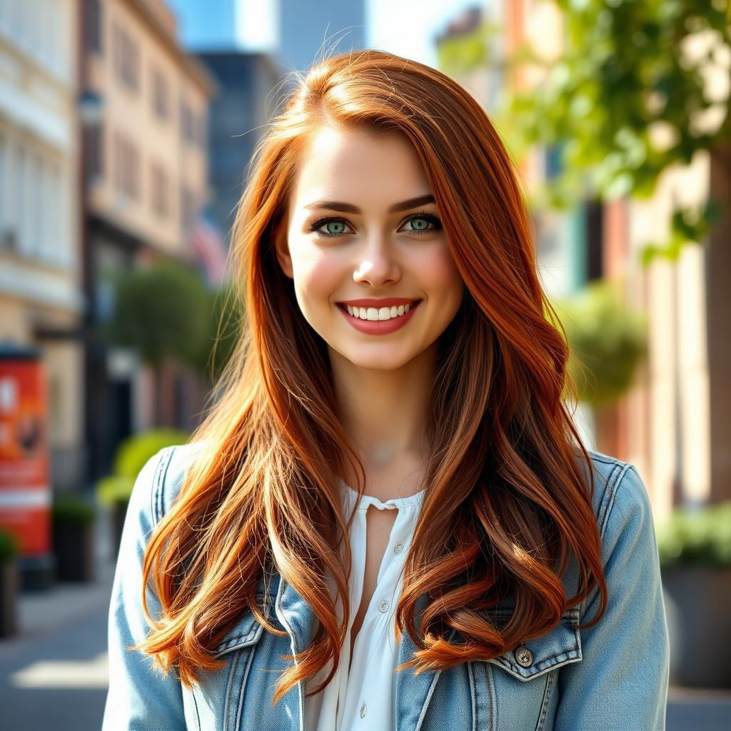 A vibrant and colorful portrait of a confident young woman with long, flowing auburn hair and striking green eyes, wearing a stylish denim jacket over a white blouse