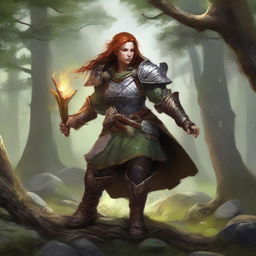 Unarmed yet formidable, a female dwarf druid dressed in stoic heavy armor, manifests her raw connection with nature by levitating splinters of wood and rocks around her in an awe-inspiring spectacle.