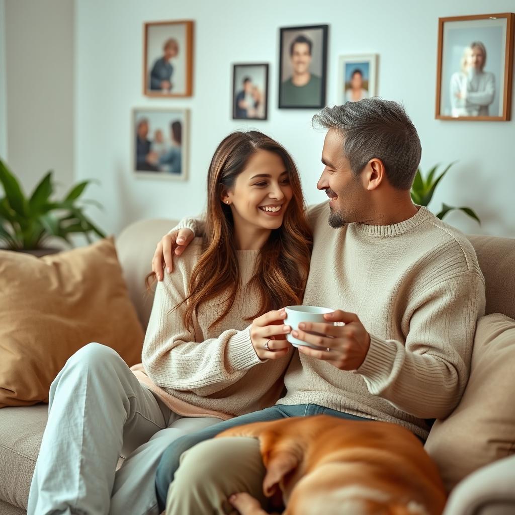 A loving couple sharing an intimate moment in a cozy living room