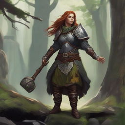 Unarmed yet formidable, a female dwarf druid dressed in stoic heavy armor, manifests her raw connection with nature by levitating splinters of wood and rocks around her in an awe-inspiring spectacle.