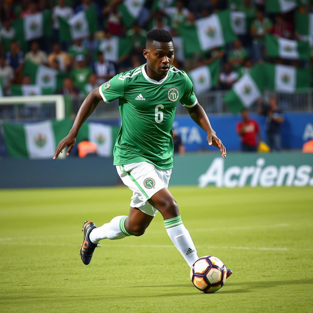 A Nigerian football forward displaying exceptional skill and speed, wearing a vibrant green national team jersey featuring the Nigerian flag's colors