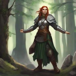 Unarmed yet formidable, a female dwarf druid dressed in stoic heavy armor, manifests her raw connection with nature by levitating splinters of wood and rocks around her in an awe-inspiring spectacle.