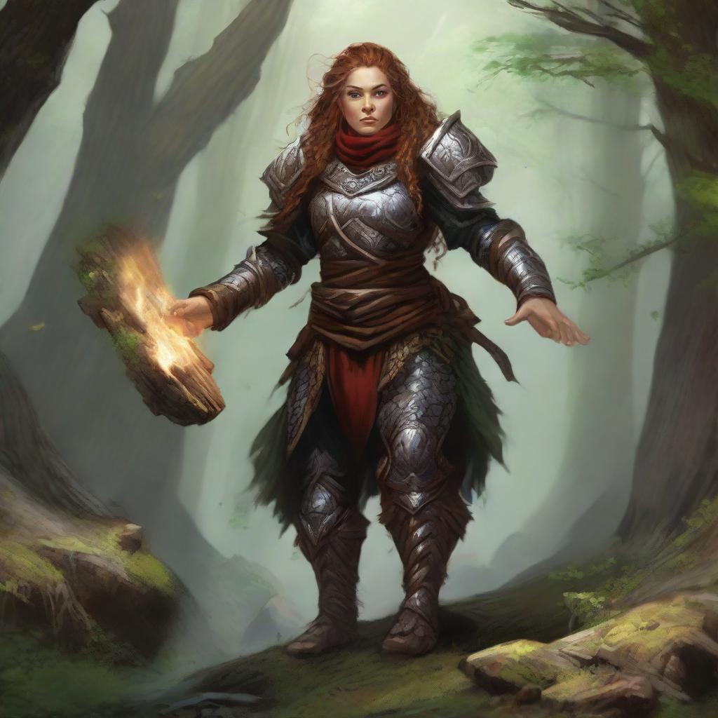 Unarmed yet formidable, a female dwarf druid dressed in stoic heavy armor, manifests her raw connection with nature by levitating splinters of wood and rocks around her in an awe-inspiring spectacle.