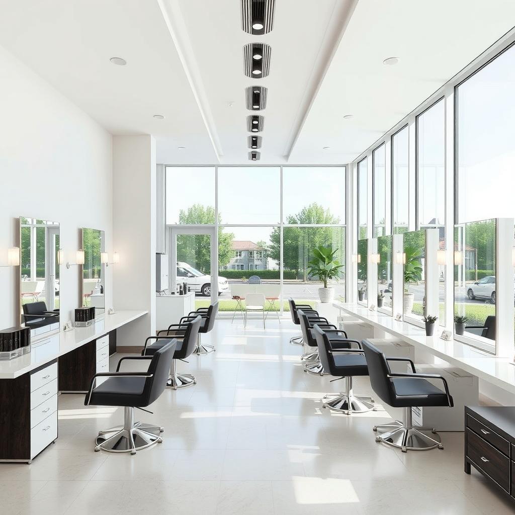 A stylish interior of a beauty salon measuring 60 square meters, featuring three hairstylist workstations, four manicure stations, one pedicure area, one eyelash extension room, one cosmetologist room, a reception area, a waiting zone, and one hair washing station