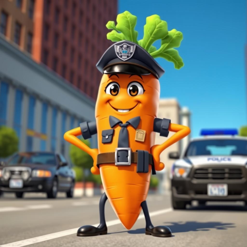 A cartoonish yet realistic anthropomorphic carrot with arms and legs dressed as a police officer, standing proudly with a confident expression