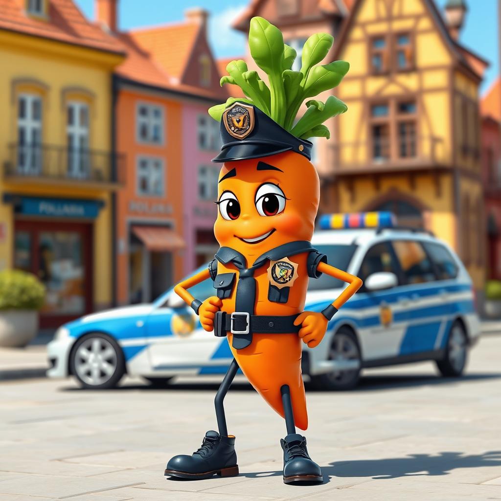 A cartoonish yet realistic anthropomorphic carrot with arms and legs dressed as a police officer in Romania