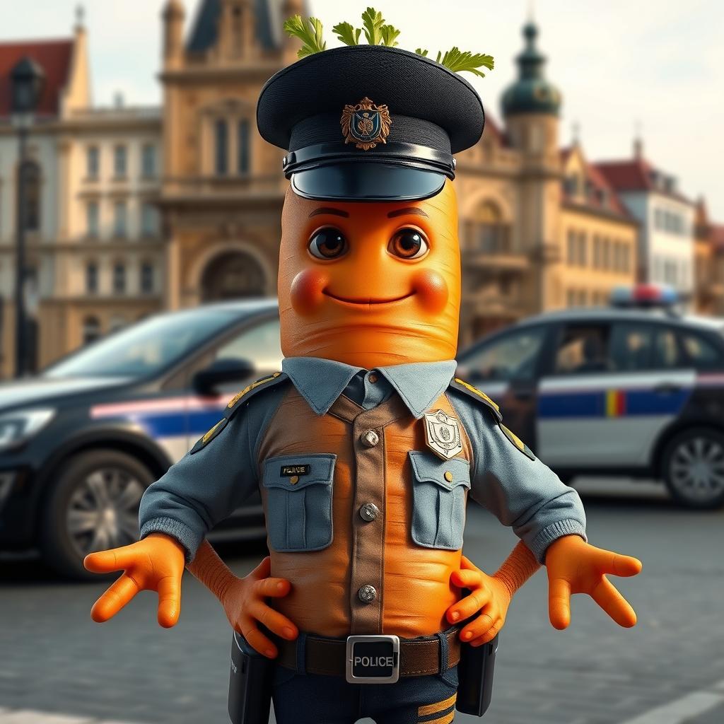 A highly realistic anthropomorphic carrot with arms and legs, dressed in a detailed Romanian police officer uniform, complete with a badge and hat