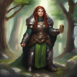 A resilient, unarmed female dwarf druid, clad in robust heavy armor, defiantly wields her mystical command over nature, causing splinters of wood and fragments of rock to gracefully float around her.