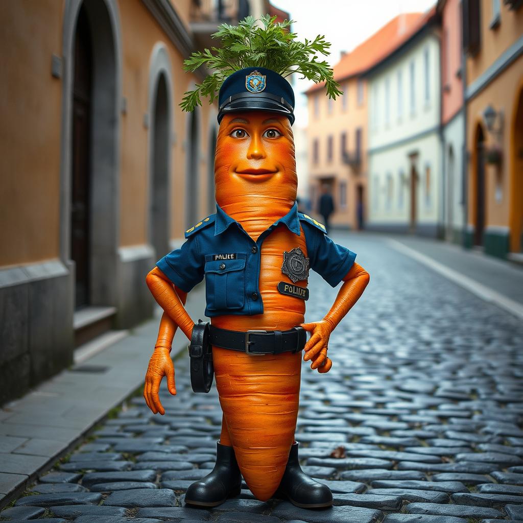 An incredibly realistic anthropomorphic carrot with arms and legs, portrayed as a police officer in Romania