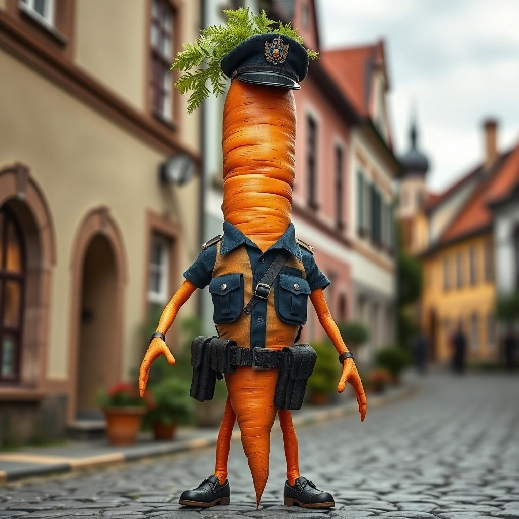 An extremely realistic anthropomorphic carrot with two arms and two legs, depicted as a police officer in Romania