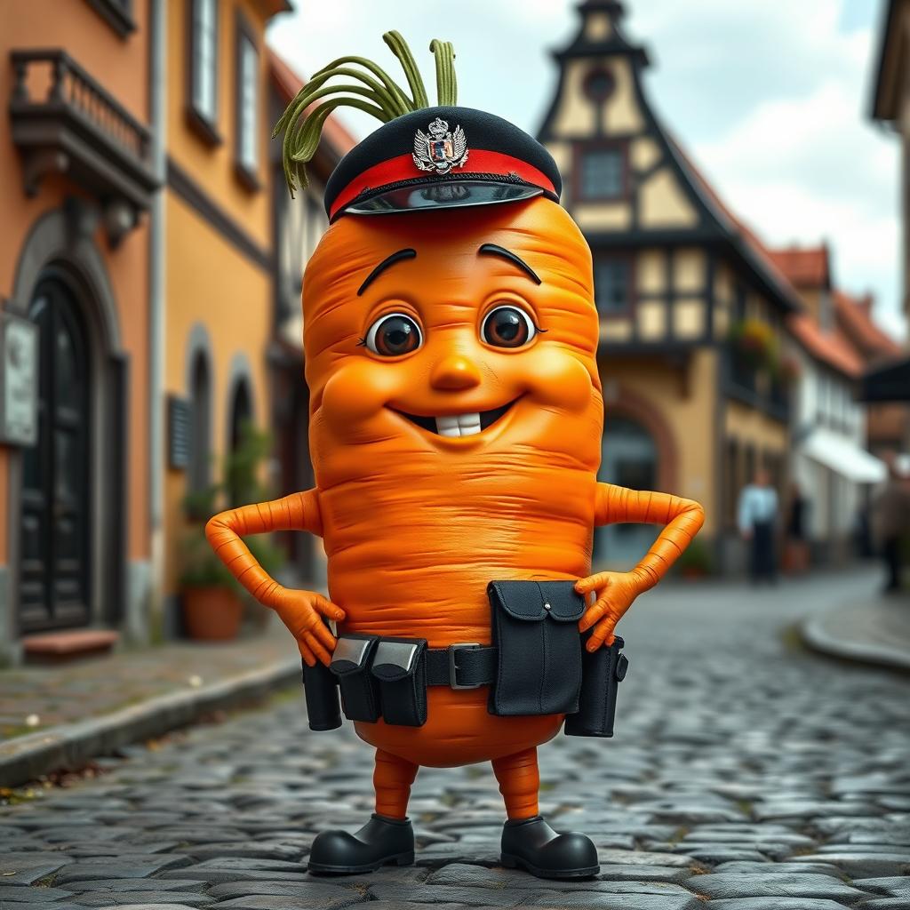 An astonishingly realistic anthropomorphic carrot featuring two arms, two legs, and a friendly face, dressed as a police officer in Romania