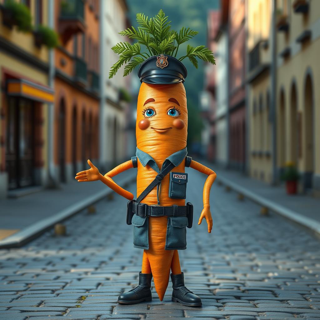A realistic anthropomorphic carrot with arms and legs, depicted as a police officer in Romania