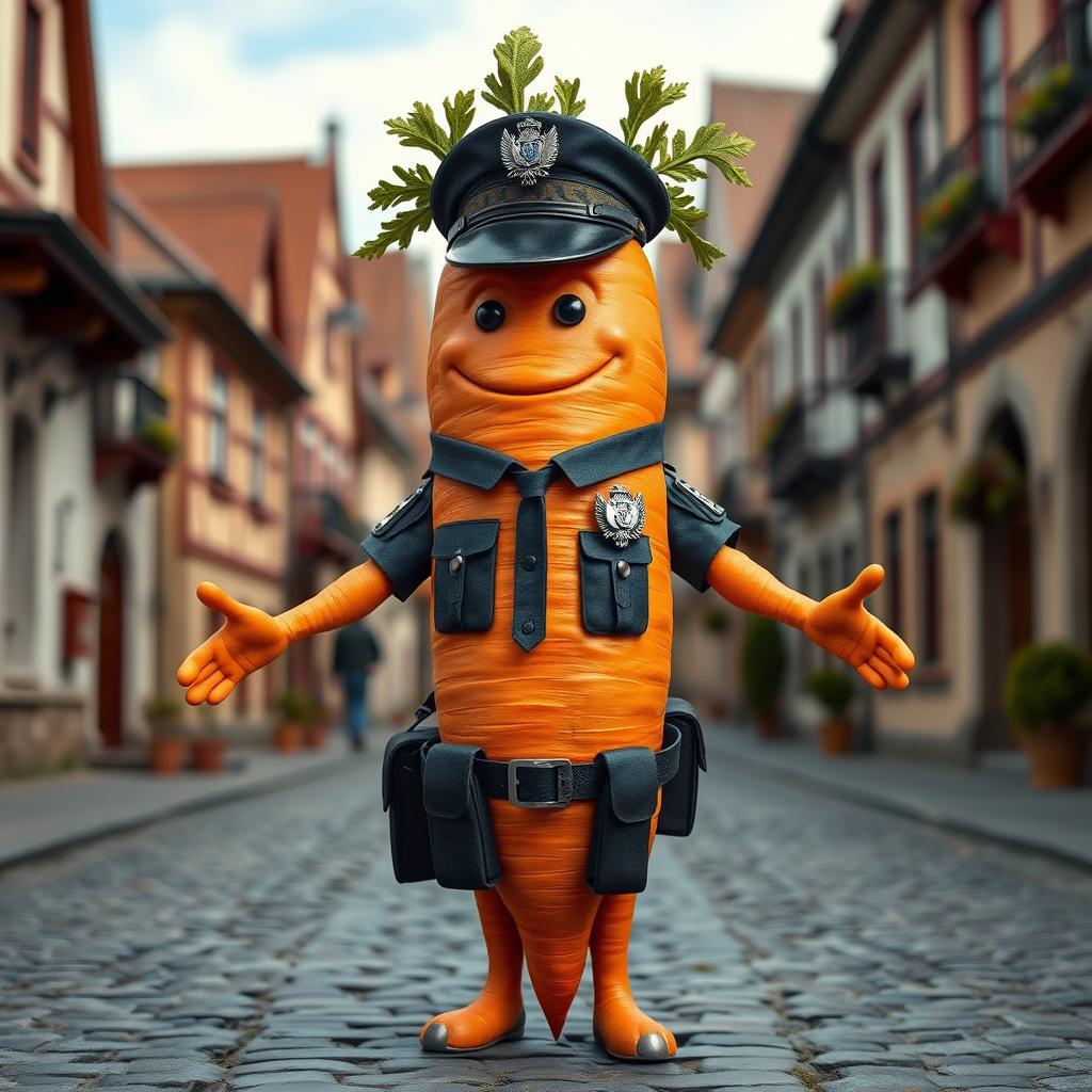 A realistic anthropomorphic carrot with two arms and two legs, portrayed as a police officer in Romania