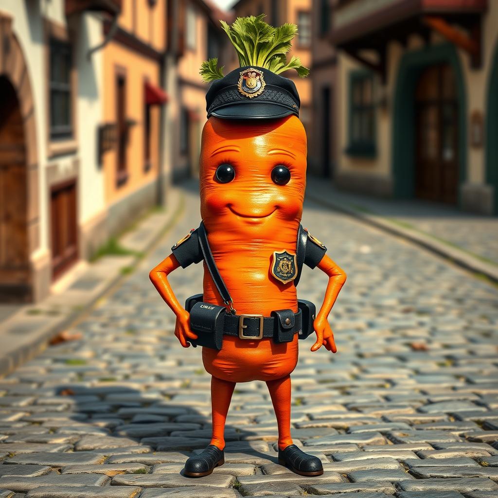 A realistic anthropomorphic carrot with two arms and two legs, portrayed as a police officer in Romania