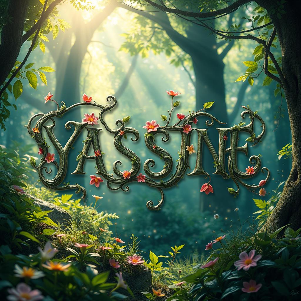 A visually enchanting book cover design featuring the name 'YASSINE' intricately written with twisting vines adorned with leaves and flowers, situated within a lush, vibrant forest