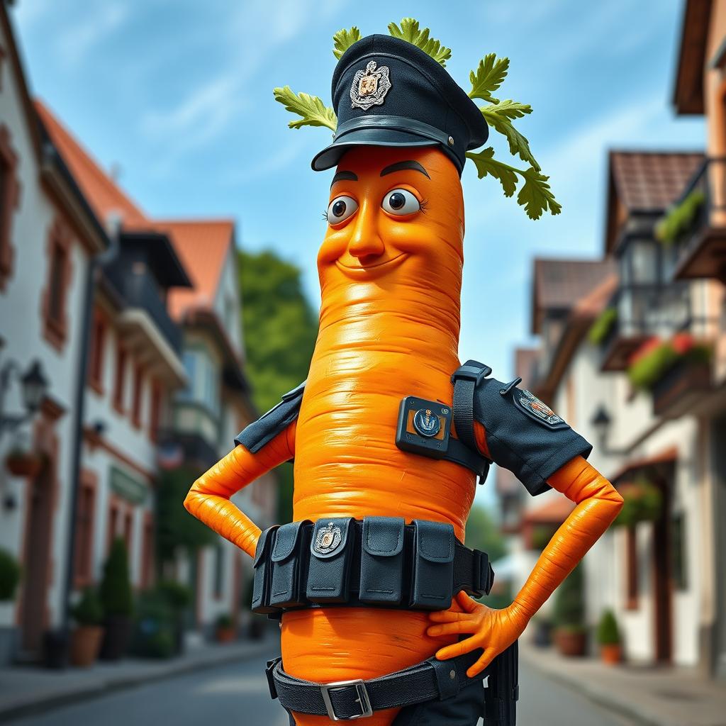 A very realistic anthropomorphic carrot with arms and legs, depicted as a proud police officer in Romania