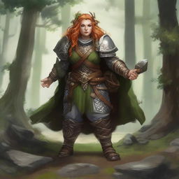 A resilient, unarmed female dwarf druid, clad in robust heavy armor, defiantly wields her mystical command over nature, causing splinters of wood and fragments of rock to gracefully float around her.